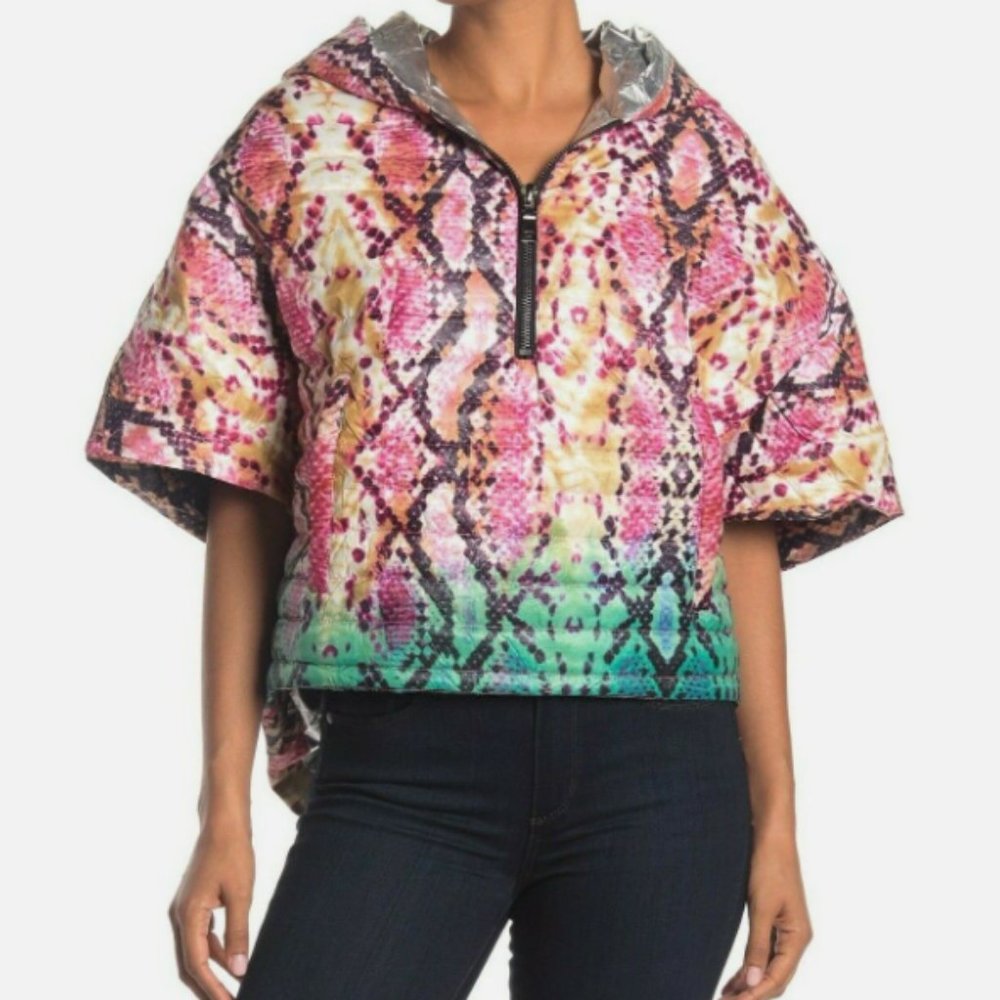 THINK ROYLN Women's Quilted Puffer Python-Print  Poncho Ski Jacket Size XS/S
